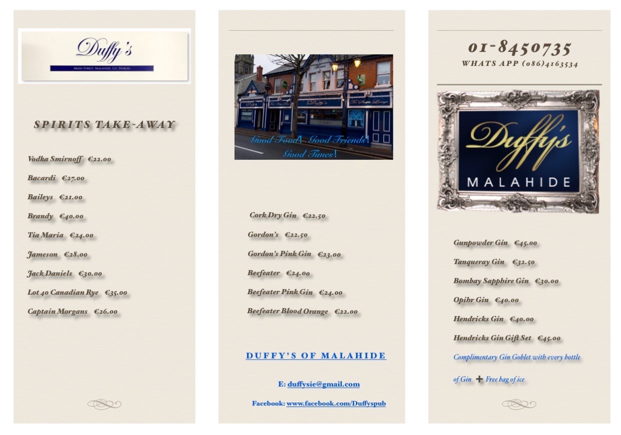 Duffys Drinks - Takeaway Menu May 2020 - Spirits