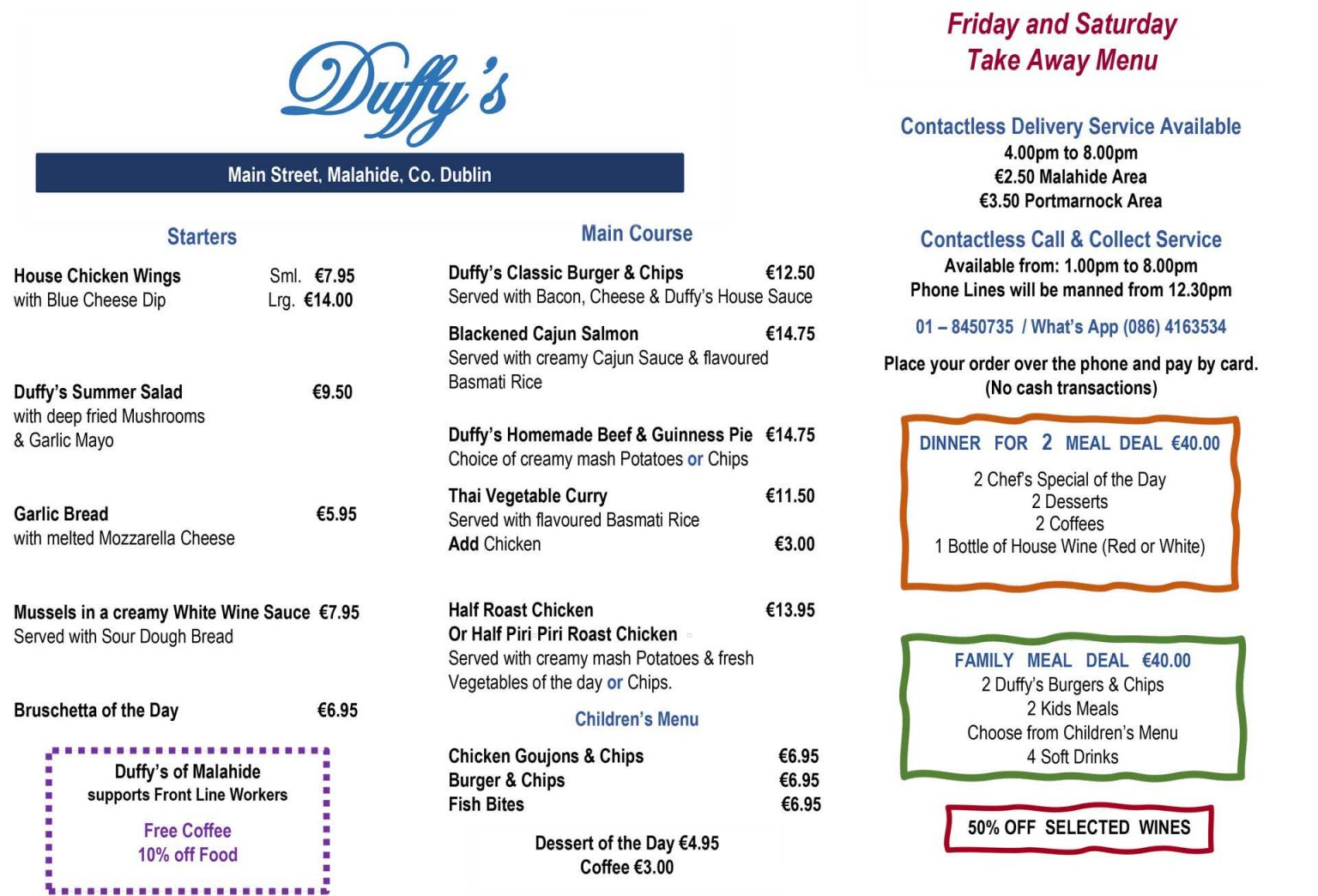 Duffy's Friday & Saturday Takeaway Menu May 2020